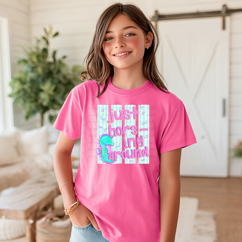 Girls Sea Horse Shirt Youth Tee Pink Sea Horse Clothing Perfect Gift For Sea Horse Loving Girls Funny Horsing Around Graphic Design Colorful Pastel Pattern Kids Fashion Comfortable Casual Beach Summer Wear Clothing Youth