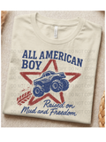 Boys Patriotic Shirt Fourth July Celebration Outfit American Pride Tee Monster Truck Design Red Distressed Star Graphics Raised On Mud Freedom Text Cream Cotton Comfort Shirt Toddler Youth Sizes Available Birthday Gift Present Bella Brand