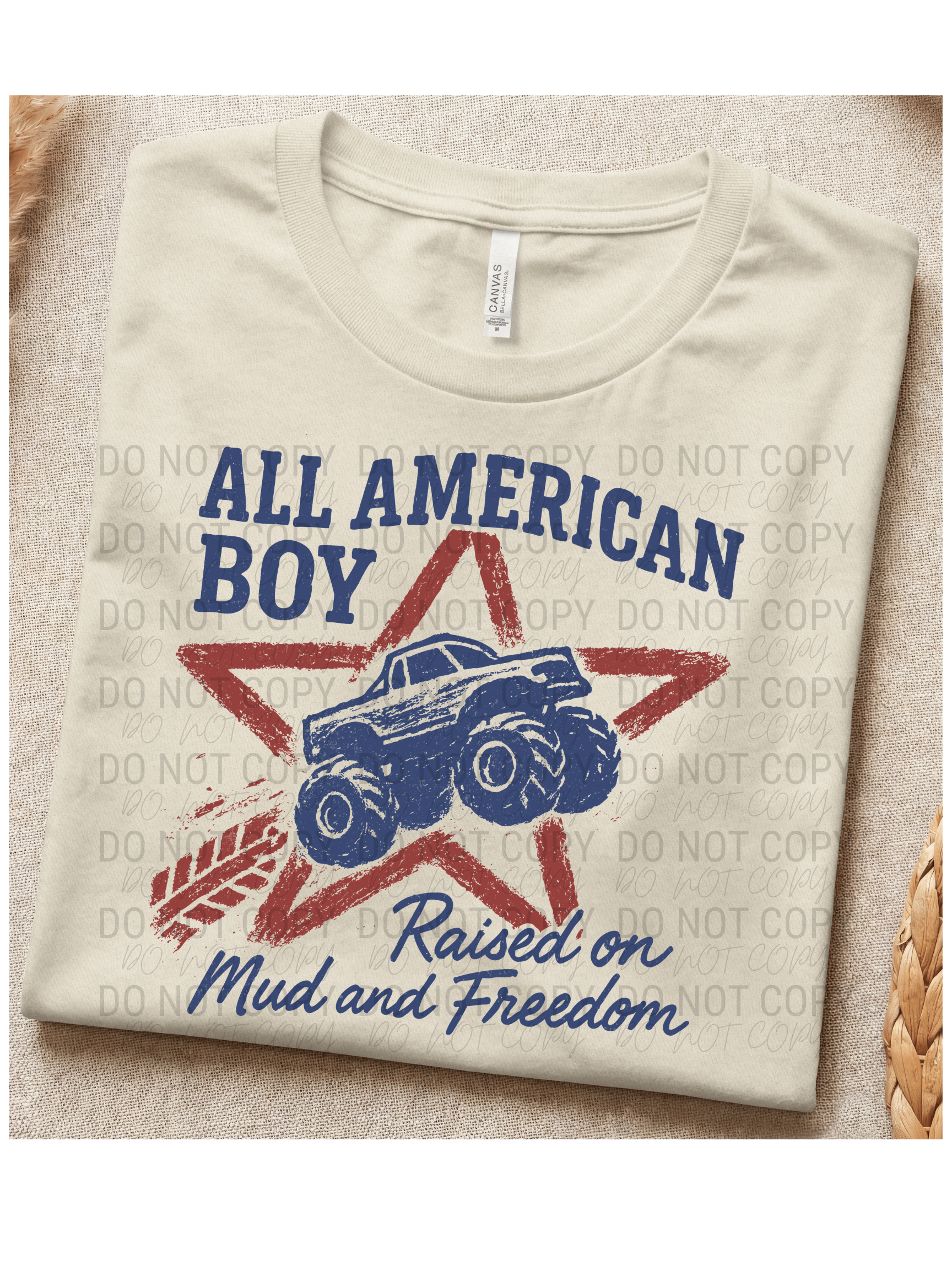 Boys Patriotic Shirt Fourth July Celebration Outfit American Pride Tee Monster Truck Design Red Distressed Star Graphics Raised On Mud Freedom Text Cream Cotton Comfort Shirt Toddler Youth Sizes Available Birthday Gift Present Bella Brand