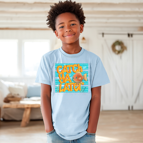 Kids Fish Shirt Youth Graphic Tee Pufferfish Design Catch Ya Later Saying Ocean Theme Blue Shirt Cartoon Character Beach Vacation Wear Summer Clothing Casual Outfit Boys Girls Tshirt Funny Sea Animal Print Turquoise Water Background Playful