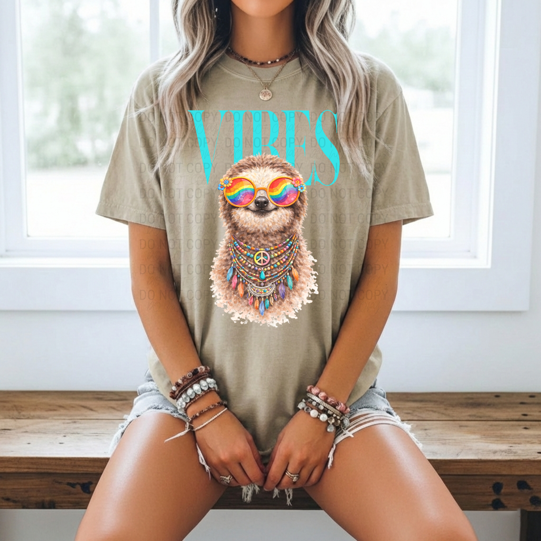 Animal Graphic Tee Rainbow Sunglasses Design Boho Peace Sign Hippie Vibes Turquoise Text Beaded Necklace Casual Comfort Wear Festival Fashion Outfit Animal Lover Gift Bohemian Style Clothing Relaxed Fit Sage Green Color Summer Casual