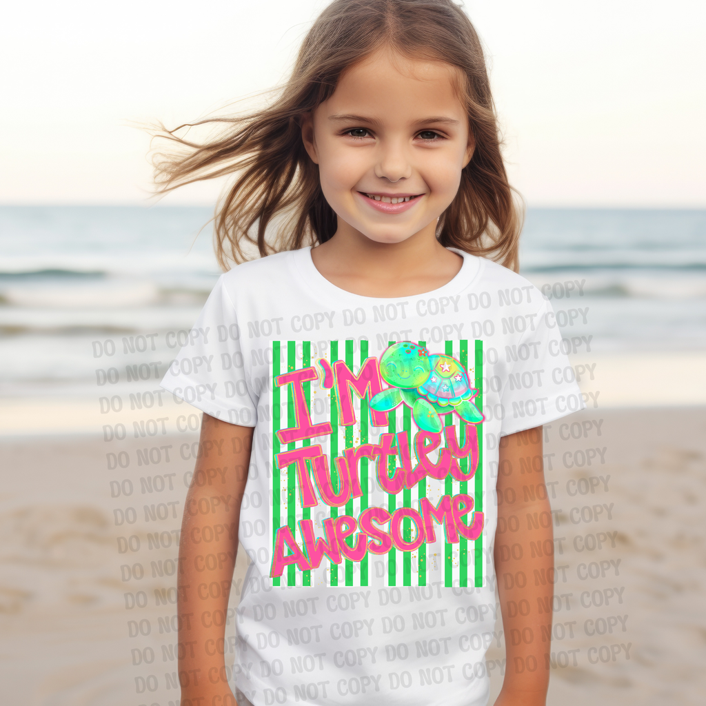 Youth Graphic Tee Girls Turtle Design Funny Pun Shirt Kids Casual Wear Bright Striped Pattern Green White Vertical Stripes Ocean Animal Theme Summer Beach Clothing Birthday Gift Girls Present Turtley Awesome Text Pink Lettering Colorful