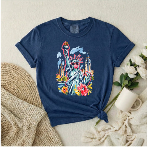 New York City Tshirt Souvenir Apparel Statue Liberty Graphic Design Colorful Pop Art Style Bubblegum Print Whimsical Artistic Creation Tourist Gift Collection NYC Memorabilia Navy Blue Casual Wear Street Fashion Sunglasses Design Watercolor