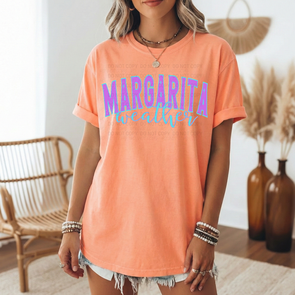 Oversized Comfort Colors Shirt Neon Beach Vacation Tee Women Summer Graphic Margarita Weather Design Neon Textured Text Relaxed Fit Style Casual Beach Wear Perfect Bachelorette Party Outfit Girls Trip Essential Tropical Vacation Apparel Soft