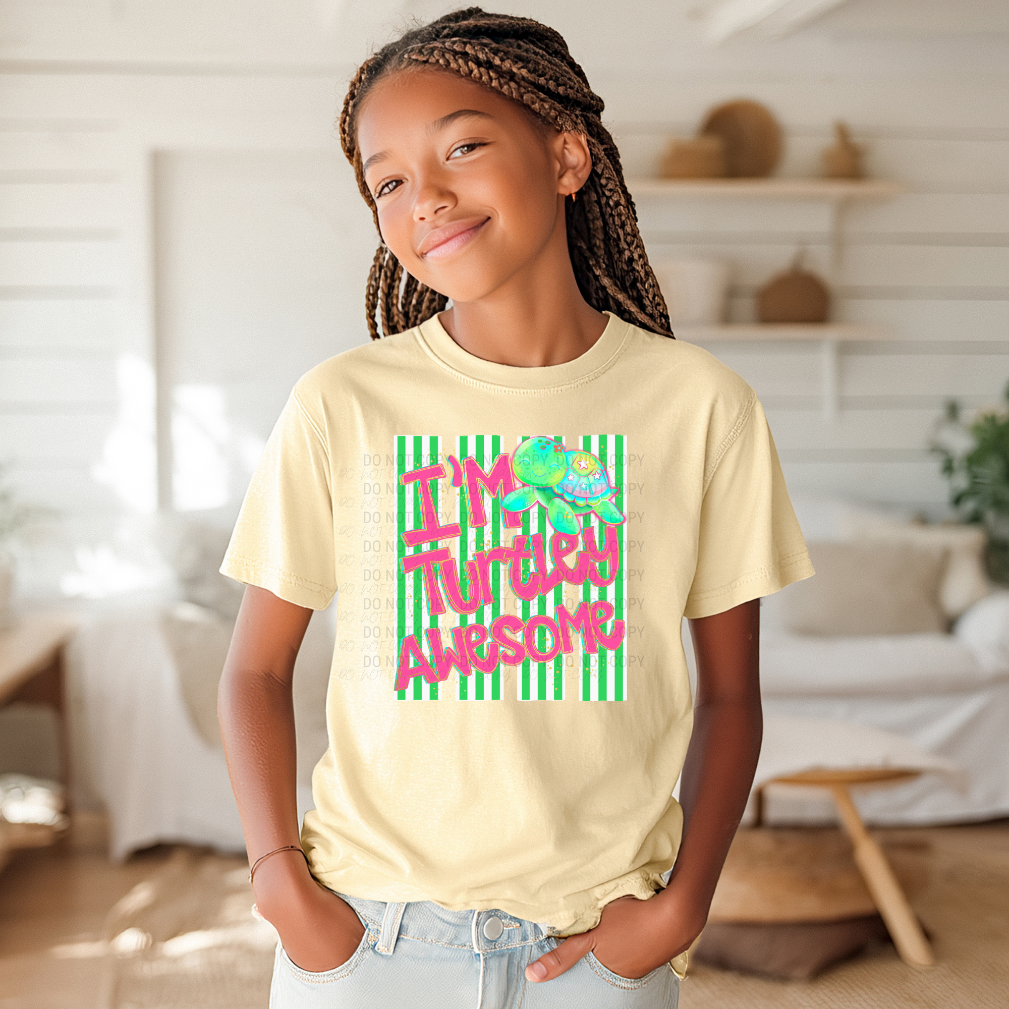 Girls Turtle Shirt Youth Tee Graphic Design Bright Striped Pattern Green White Stripes Pink Text Turtley Awesome Pun Summer Clothing Kids Beach Wear Casual Outfit Ocean Animal Theme Perfect Birthday Gift Girls Present Colorful Youth Fashion