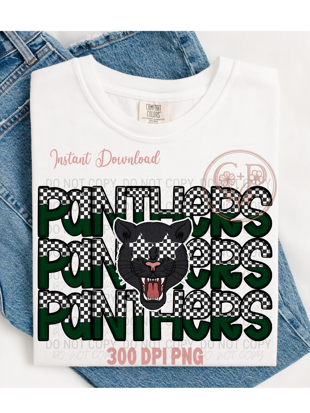 Panthers Mascot Design Digital Download PNG File Sublimation Print Ready Graphics High Resolution 300 DPI Checkered Pattern Green Black White Team Colors Custom Apparel Creation School Spirit Shirt Design Team Merchandise Athletic Wear