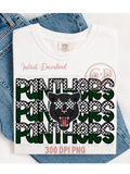 Panthers Mascot Design Digital Download PNG File Sublimation Print Ready Graphics High Resolution 300 DPI Checkered Pattern Green Black White Team Colors Custom Apparel Creation School Spirit Shirt Design Team Merchandise Athletic Wear