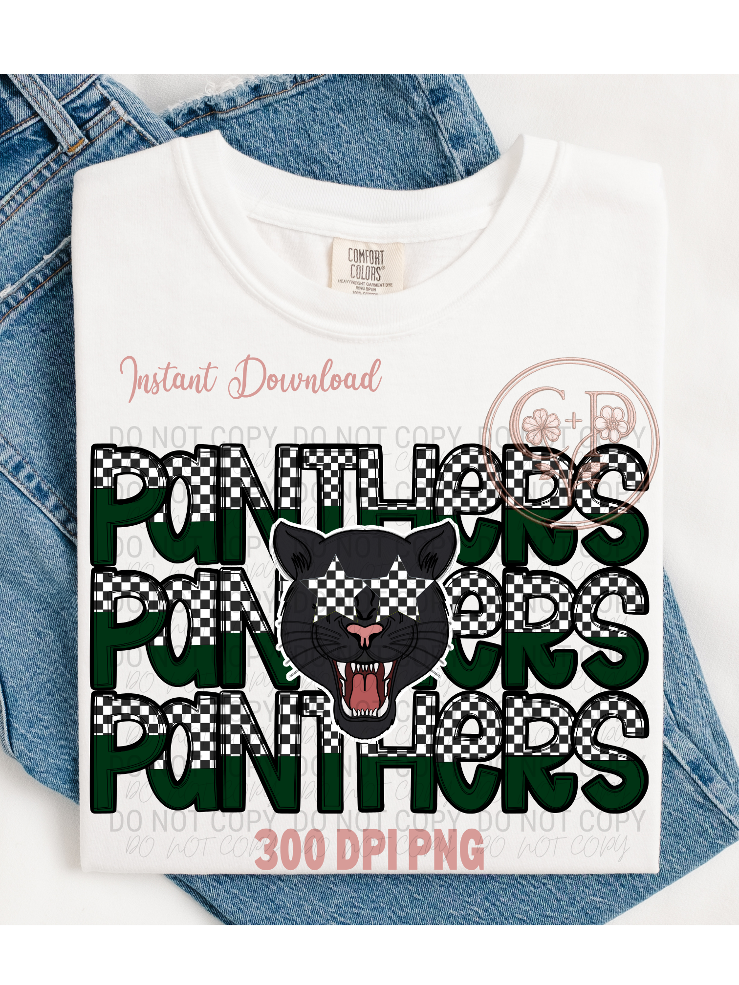 Panthers Mascot Design Digital Download PNG File Sublimation Print Ready Graphics High Resolution 300 DPI Checkered Pattern Green Black White Team Colors Custom Apparel Creation School Spirit Shirt Design Team Merchandise Athletic Wear
