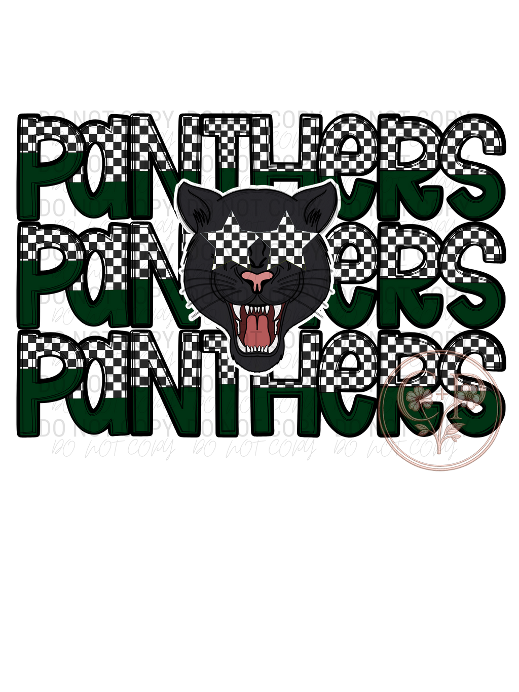 School Spirit Shirt Design Panthers Team Graphics Instant Download Sublimation File Custom Apparel Printing Ready High Resolution PNG Checkered Green Pattern Black Panther Mascot Logo Athletic Team Merchandise Creation Spirit Wear Design