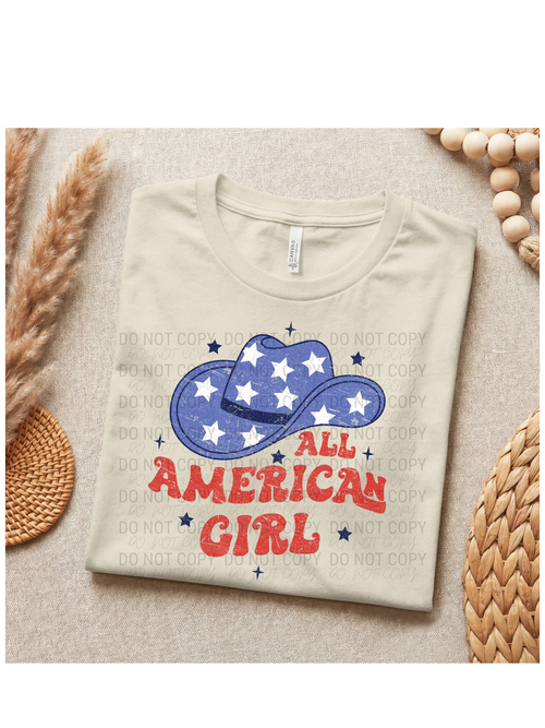 Girl Patriotic Shirt Fourth July Celebration Outfit American Cowboy Hat Design Youth Tshirt Western Style Clothing Bella 3001 Cotton Tee Soft Comfortable Fabric Toddler Sizes Available Summer Holiday Wear Independence Day Shirt Memorial Day