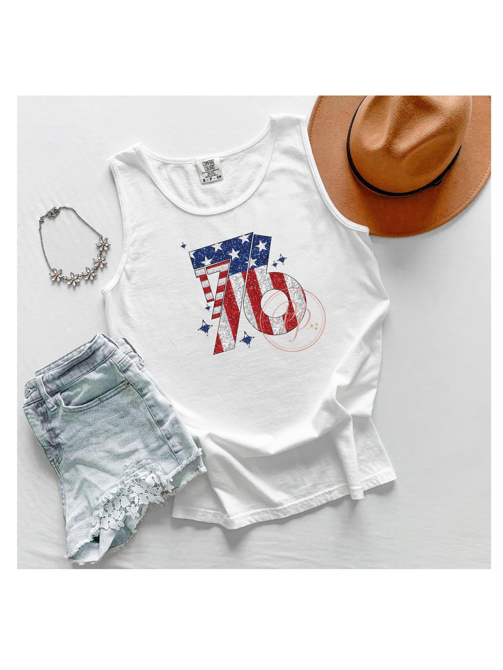 Fourth Of July Shirt Women Patriotic Graphic Tee 1776 American Flag Design Stars Stripes Pattern Faux Glitter Effect Independence Day Outfit Memorial Day Celebration Wear Summer Holiday Essential Comfortable Casual Style Vintage Americana