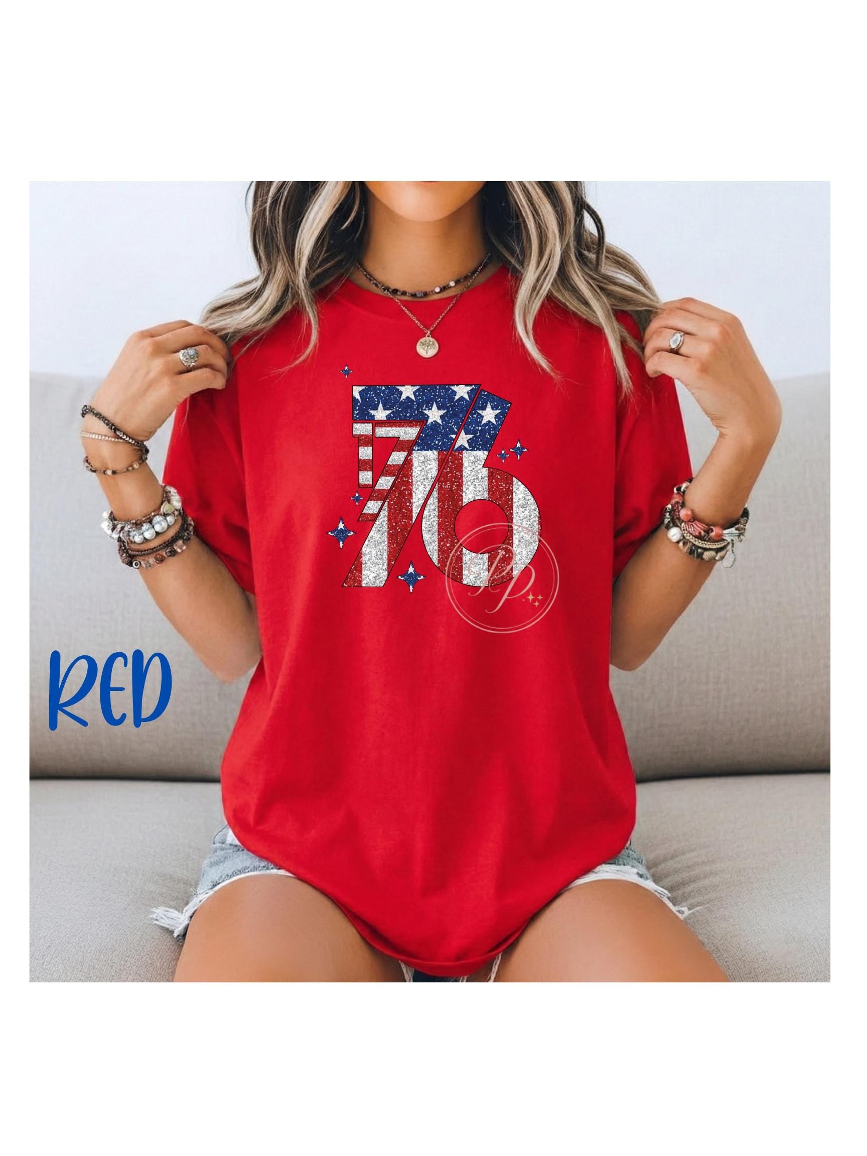 Faux Glitter Patriotic Shirt Sparkle Stars And Stripes Design 1776 American Flag Graphic Tee Fourth Of July Celebration Outfit Memorial Day Independence Day Essential Comfortable Casual Wear Vintage Americana Fashion Summer Holiday Clothing