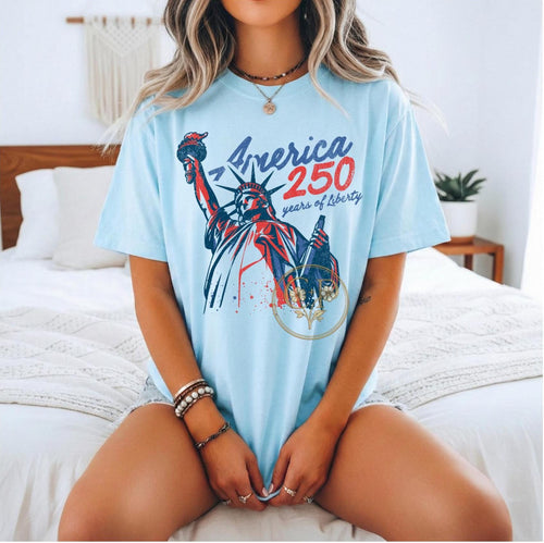 America 250 Shirt Vintage Patriotic Design Statue Of Liberty Tshirt Distressed Red Navy Graphics Comfort Colors 1717 Tee Soft Garment Dyed Fabric 250th Anniversary Celebration Shirt Classic Americana Style Modern Patriotic Edge Boutique